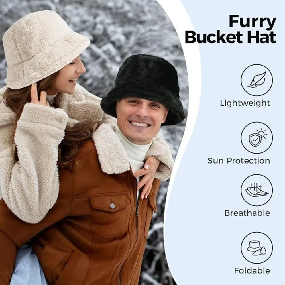 BFONS Unisex Faux Fur Winter Bucket Hat Furry Fisherman Cap - Large